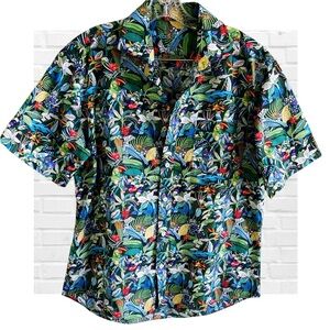 Allan Flusser Hawaiian Tropical Floral Cabana Cuban Camp Shirt Large Parrot